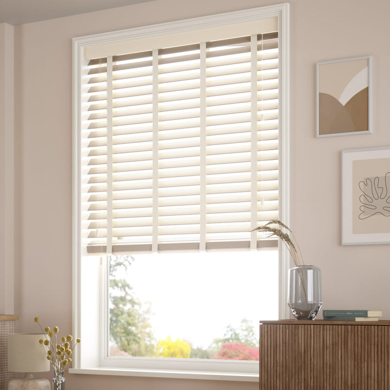 ColorizedZoom Soft Cream & Cream Faux Wood Blind - 50mm Slat 3145