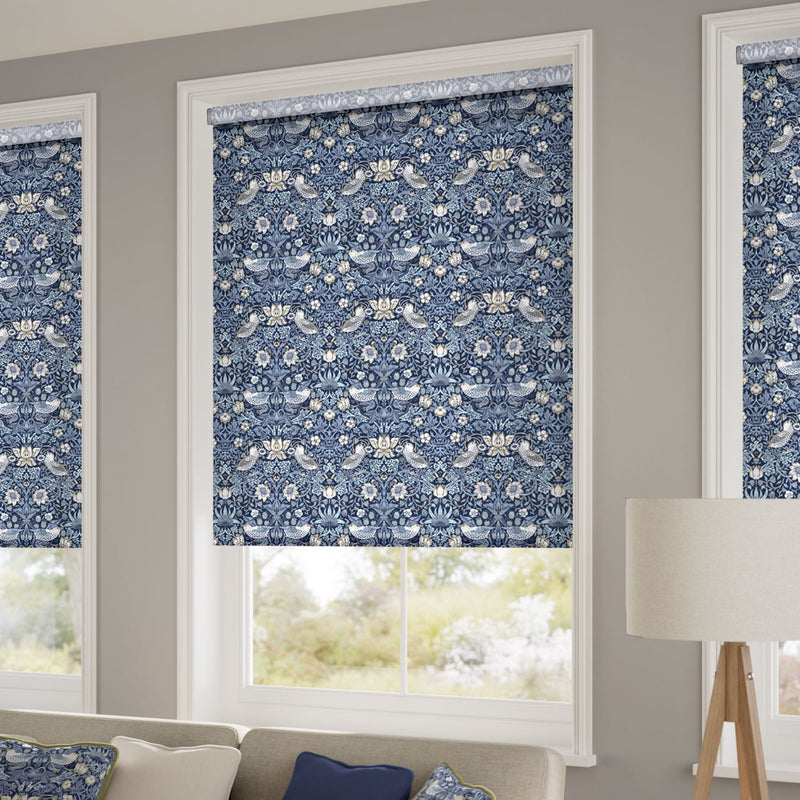 ColorizedZoom William Morris Strawberry Thief Indigo Blue Roller Blind 3818