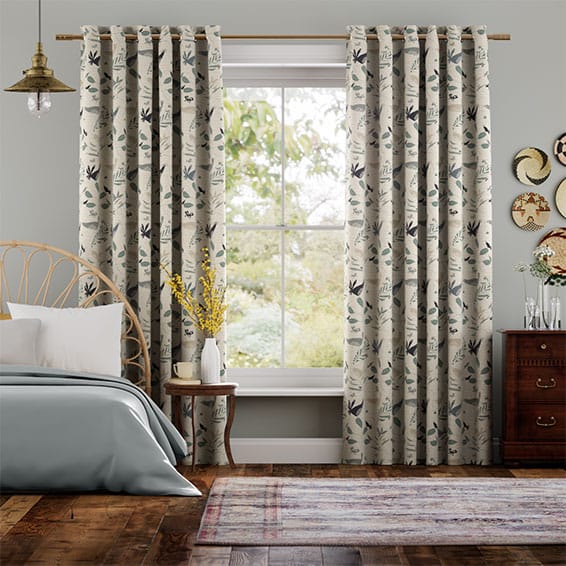 Colorized Hygge Birds Vintage Linen Pastoral Blue Curtains 5611
