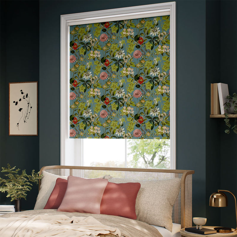 ColorizedZoom Twist2Go Passiflora Velvet Teal Blue Roller Blind 9244