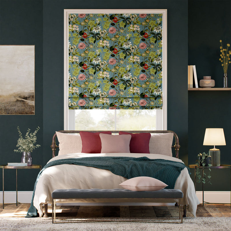 Colorized Passiflora Velvet Teal Blue Roman Blind 9374